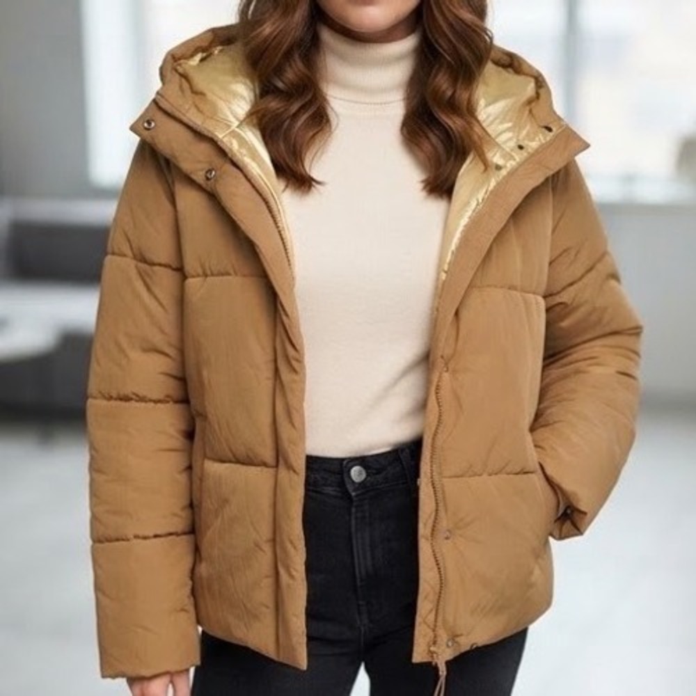 A New Day Camel Brown Water Resistant Puffer Jacket Hooded XXL Gold Lining